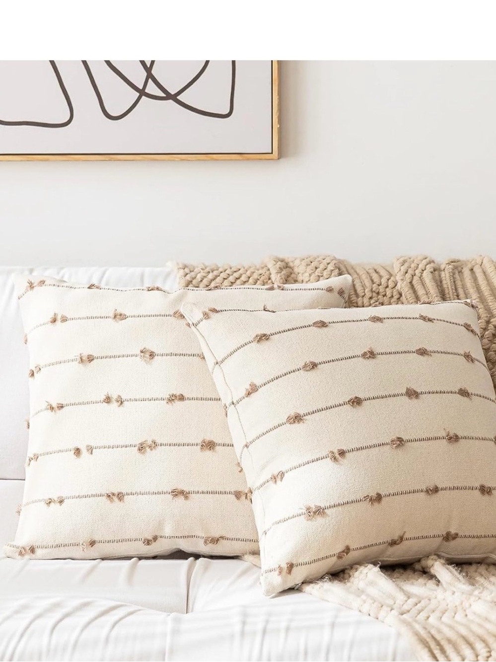 Textured Cream Throw Pillow Cover Pair with Knotted Stripe Detail